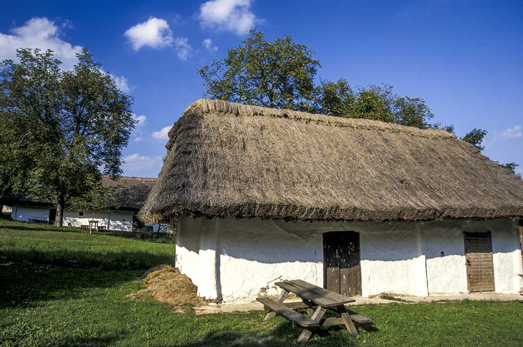 Das Bild zeigt eine Lehmhütte, deren Dach aus Stroh besteht