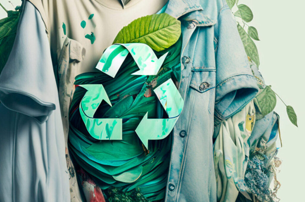 Das Bild zeigt ein T-Shirt, auf dem das "Recycling-Symbol" abgebildet ist